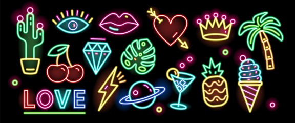 Bundle of symbols, signs or signboards glowing with colorful neon light isolated on black background. Collection of trendy design elements or decorations. Bright colored vector illustration. - obrazy, fototapety, plakaty