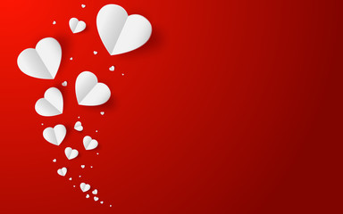 Abstract flying white hearts on red background. Valentines day concept