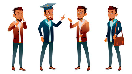 Arab, Muslim Teen Boy Poses Set Vector. Pretty, Youth. Exam, College, University. For Postcard, Announcement, Cover Design. Isolated Cartoon Illustration