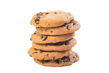 A pyramid of chocolate cookies, a close-up at the white background. Homemade pastry.