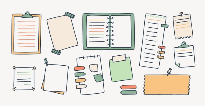 Bundle of notepads and paper sheets attached with pushpins and adhesive tape for making writing notes isolated on white background. Collection of decorative design elements. Vector illustration.