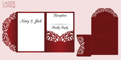 Laser cut wedding invitation card template with lace pattern, vector. Die cut Tri fold pocket envelope with swirls. Wedding lace invitation mockup. Suitable for greeting cards, invitations, menus.