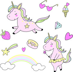 Cute set of fabulous unicorns with doodles vector image