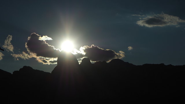 Dolomites, Italy. Sunset backlighting of the peaks of the Dolomites in the summer time