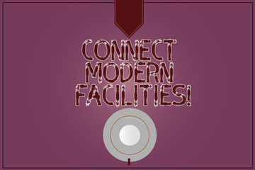 Writing note showing Connect Modern Facilities. Business photo showcasing Business Technology Internet and network concept Coffee Cup Top View Reflection on Blank Color Snap Planner