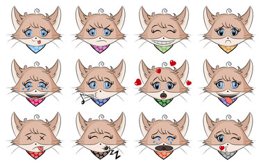Fototapeta premium Set of cute cat with different emotions. Character cartoon kitten face. Avatar emoticon illustration. Cat emoji in cartoon style. Chat icon collection. Cats heads emoticons vector.