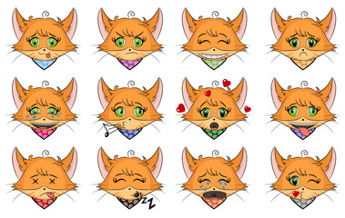 Fototapeta premium Set of cute ginger cat with different emotions. Character cartoon kitten face. Avatar emoticon illustration. Cat emoji in cartoon style. Chat icon collection. Cats heads emoticons vector.