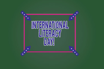 Conceptual hand writing showing International Literacy Day. Business photo showcasing Celebrated annual event on 8 of September Square Outline with Corner Arrows Point on Color Background - Powered by Adobe