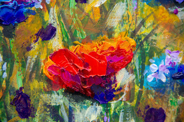 painting flower modern colorful wild flowers canvas abstract close paint impasto oil - Impressionism modern oil paintings fragment  art floral palette knife macro © weris7554