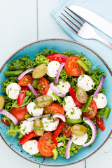 Vegetable salad with cheese mozzarella, tomatoes, basilikum and spice.