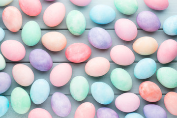 Pastel Easter eggs background. Spring greating card.