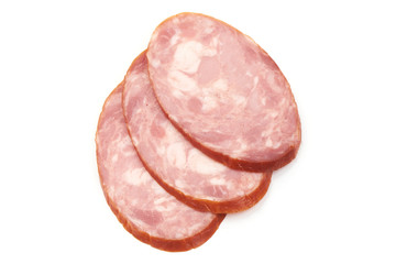 Sliced Ham Sausage, close-up, isolated on a white background