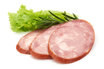 Sliced Pork Ham Sausage, close-up, isolated on a white background