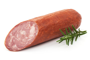 Sliced Ham Sausage with rosemary, close-up, isolated on a white background