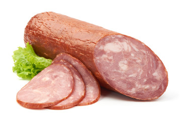 Pork Ham Sausage with slices, close-up, isolated on a white background