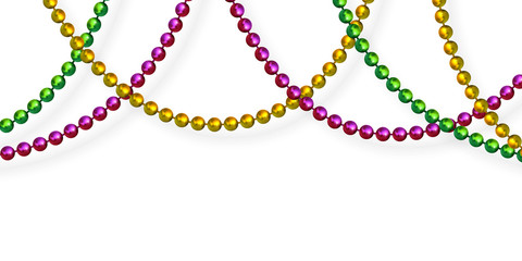 Mardi Gras beads in traditional colors. Decorative glossy realistic elements. Isolated on white background.Vector illustration © ludmila_m