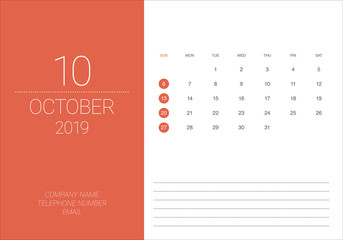 October 2019 desk calendar vector illustration