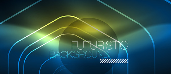 Neon glowing lines, magic energy space blue light concept, abstract background wallpaper design
