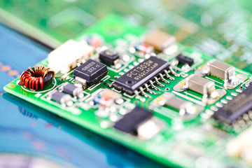 Computer circuit cpu chip mainboard core processor electronics device : concept of data, hardware, technician and technology.