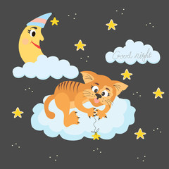 Cute little cat on the cloud on a dark background with moon and stars. Cartoons style. For design of postcards, posters, etc