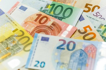 Euro cash background. Different euro banknotes.