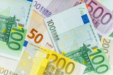 Euro cash background. Different euro banknotes.