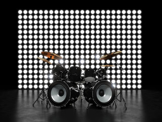 Unusual drum set against the backdrop of glowing wall