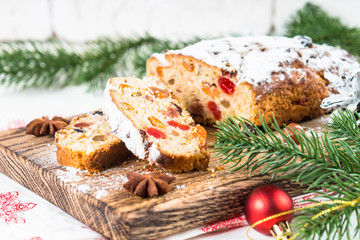 Stollen traditional Christmas ftuitcake with dried fruit and nut