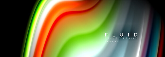 Bright colorful liquid fluid lines on black, modern abstract background