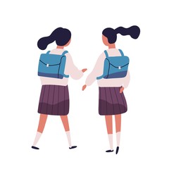 Pair of girls or twin sisters dressed in school uniform. Female students, pupils, classmates, classfellows or friends walking together and talking or chatting, back view. Flat vector illustration.