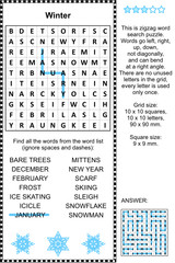 Winter themed zigzag word search puzzle (suitable both for kids and adults). Answer included.
