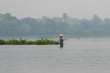 Life of fisherman at river side in Mandalay, Myanmar