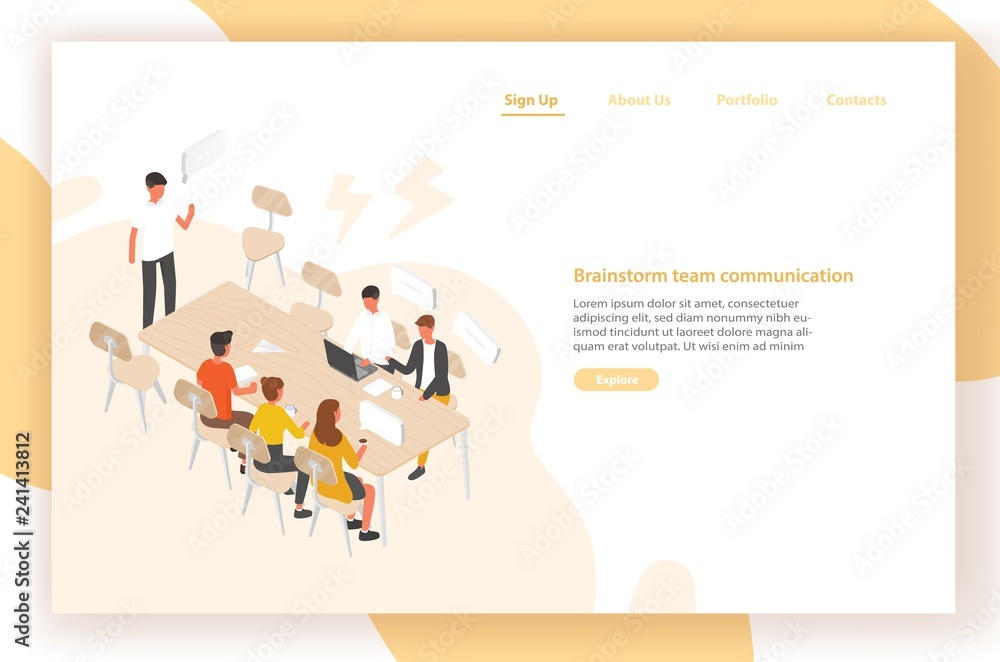 Poster landing page template with group of people or office workers sitting at table and talking to each ot