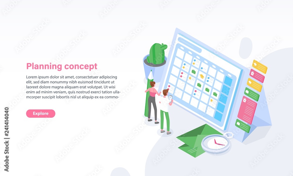 Poster website template with man and woman standing in front of schedule, timetable or calendar. planning, 
