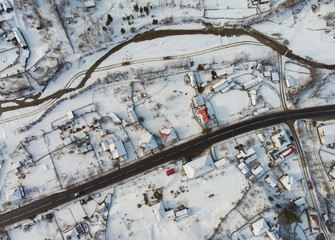 aerial view of Petru Voda village in Romania, winter scene