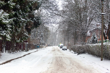 small snowy city street