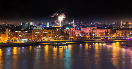 Fototapeta na wymiar Novi Sad, Serbia - January 01, 2019: Fireworks in Novi Sad, Serbia. New Year's fireworks.