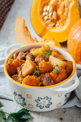 Pumpkin and turkey stew in a beautiful dish on the background of fresh pumpkin