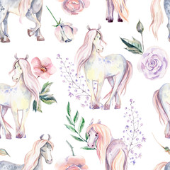 Fototapety  Magic Pony seamless pattern. Watercolor illustration, beautiful 