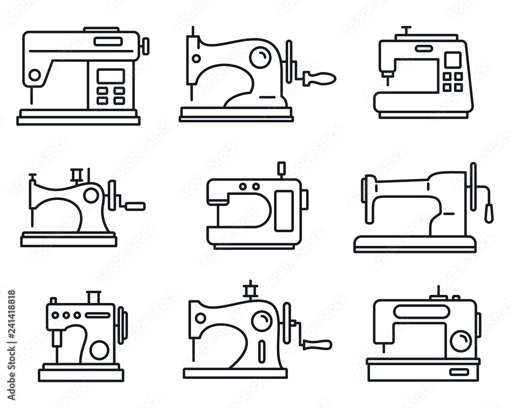 Poster fabric sew machine icon set. outline set of fabric sew machine vector icons for web design isolated 
