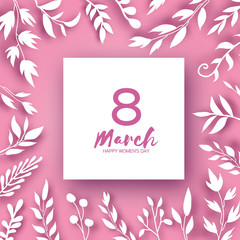 8 March Greetings card. International Womens Day. Realistic Floral Paper cut white leaves. Floral bouquet. Square Frame. Text. Origami Spring Seasonal Holidays on pink. Happy Mothers Day.