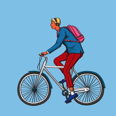 young man riding a bike.  retro design pen drawing vector illustration