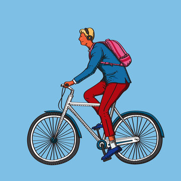 young man riding a bike. retro design pen drawing vector illustration © grayjuice