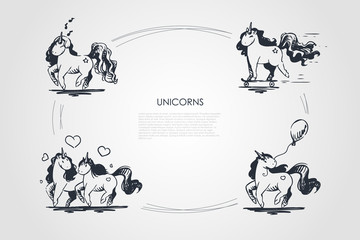 Unicorns - couple in love, holding airballon, riding on skateboard and singing unicorns vector concept set