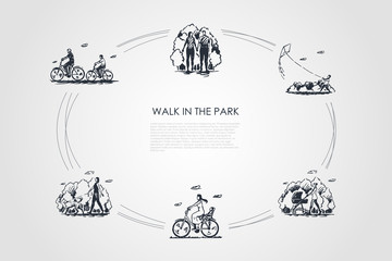 Walk in the park - people riding bicycles, walking with baby carriage, flying kites, walking dog vector concept set