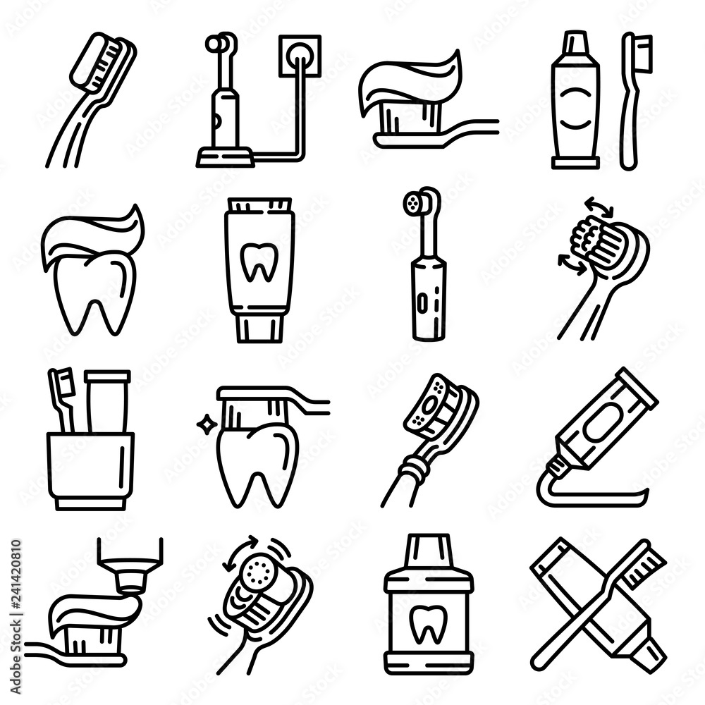 Poster toothbrush icon set. outline set of toothbrush vector icons for web design isolated on white backgro