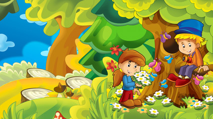 cartoon nature background with kids having fun in the forest - illustration for children