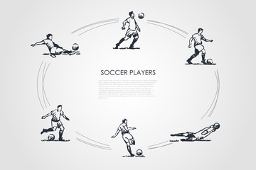 Soccer players - male sportsmen in traditional clothing in different poses with soccer ball vector concept set