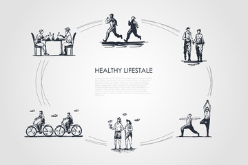 Healthy lifestyle - people jogging, walking, doing yoga, sunbathing, riding bicycles and drinking tea vector concept set