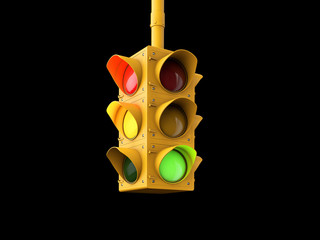 3d Illustration of yellow traffic lights isolated on black